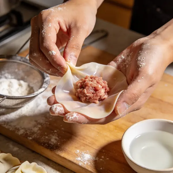 Крупный план рук, лепящих домашние пельмени из тонкого теста и мясного фарша.