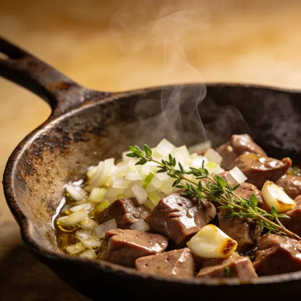 Обжаривание печени с луком и травами на сковороде