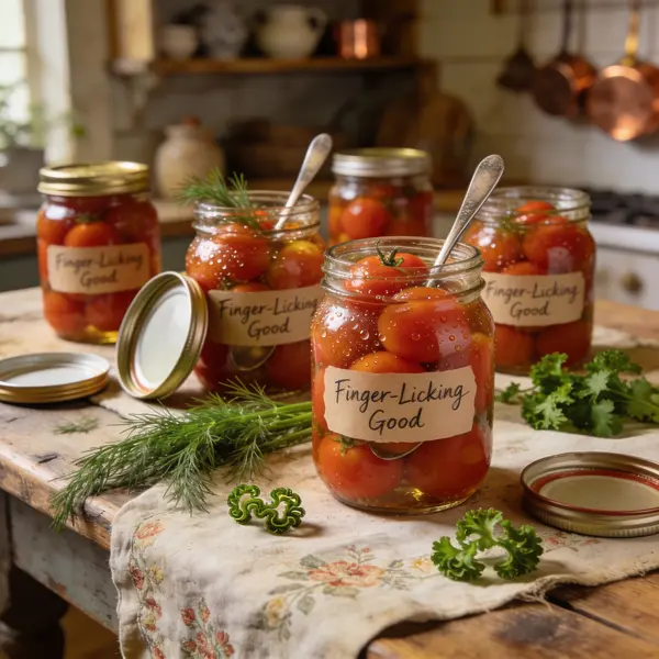 Деревянный стол с банками маринованных помидоров и свежей зеленью