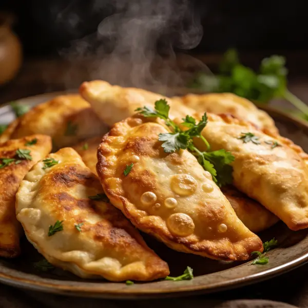 Готовые золотистые чебуреки на блюде с хрустящей корочкой и пузырьками
